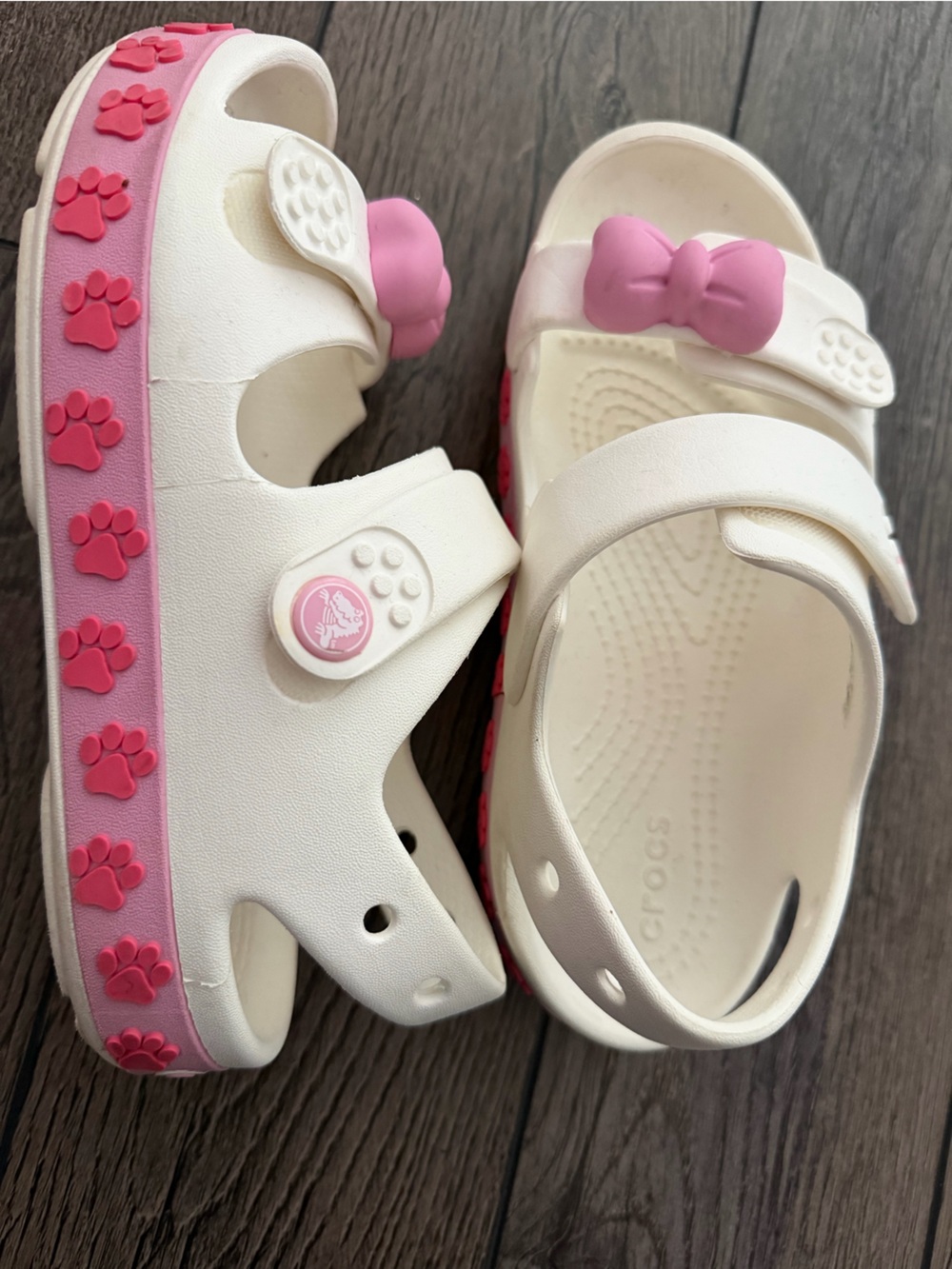 CROCS White Kids Sandals with Pink Bow and Paw-Trim